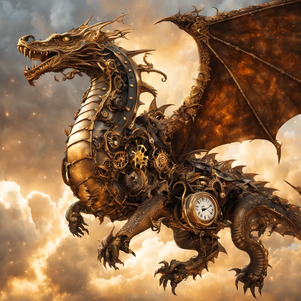 SDXL Generated Image: 'A majestic steampunk dragon soaring through a cloudy sky, intricate clockwork details, golden hour lighting, highly detailed'